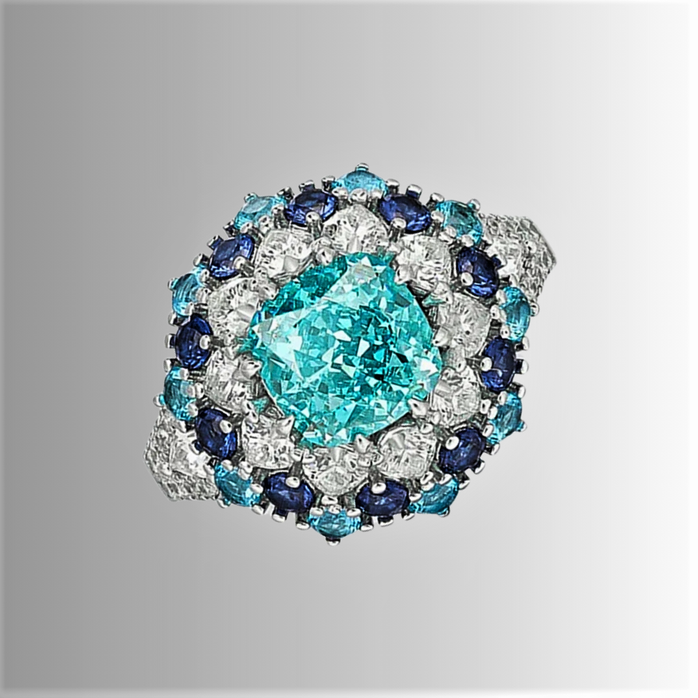 Fascia con Tormalina Paraiba Taglio Cuscino, Taglio Brillante, Zaffiri Lab Grown e Diamanti ad Alto Contenuto di Carbonio