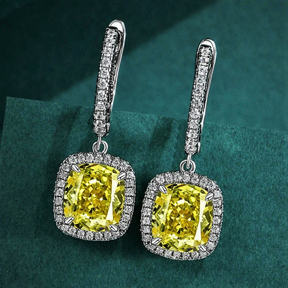 Orecchini Pendenti con Zaffiro Giallo Intenso Lab Grown e Brillanti Coltivati