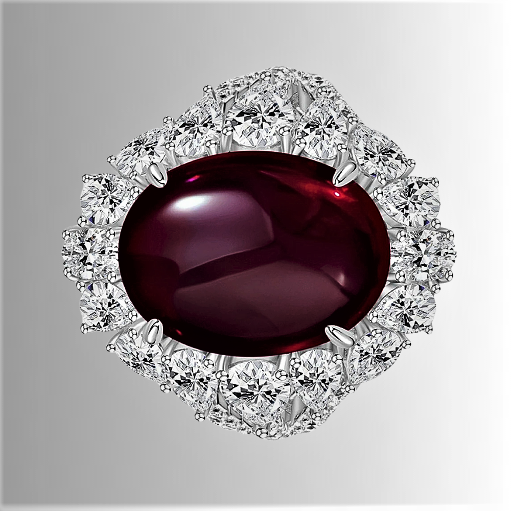 Fascia con Rubino Cabocon da 15 carati e Diamanti Taglio Goccia e Brillante Lab Grown