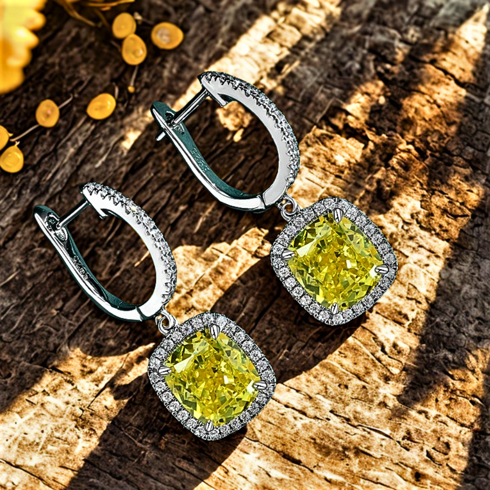Orecchini Pendenti con Zaffiro Giallo Intenso Lab Grown e Brillanti Coltivati