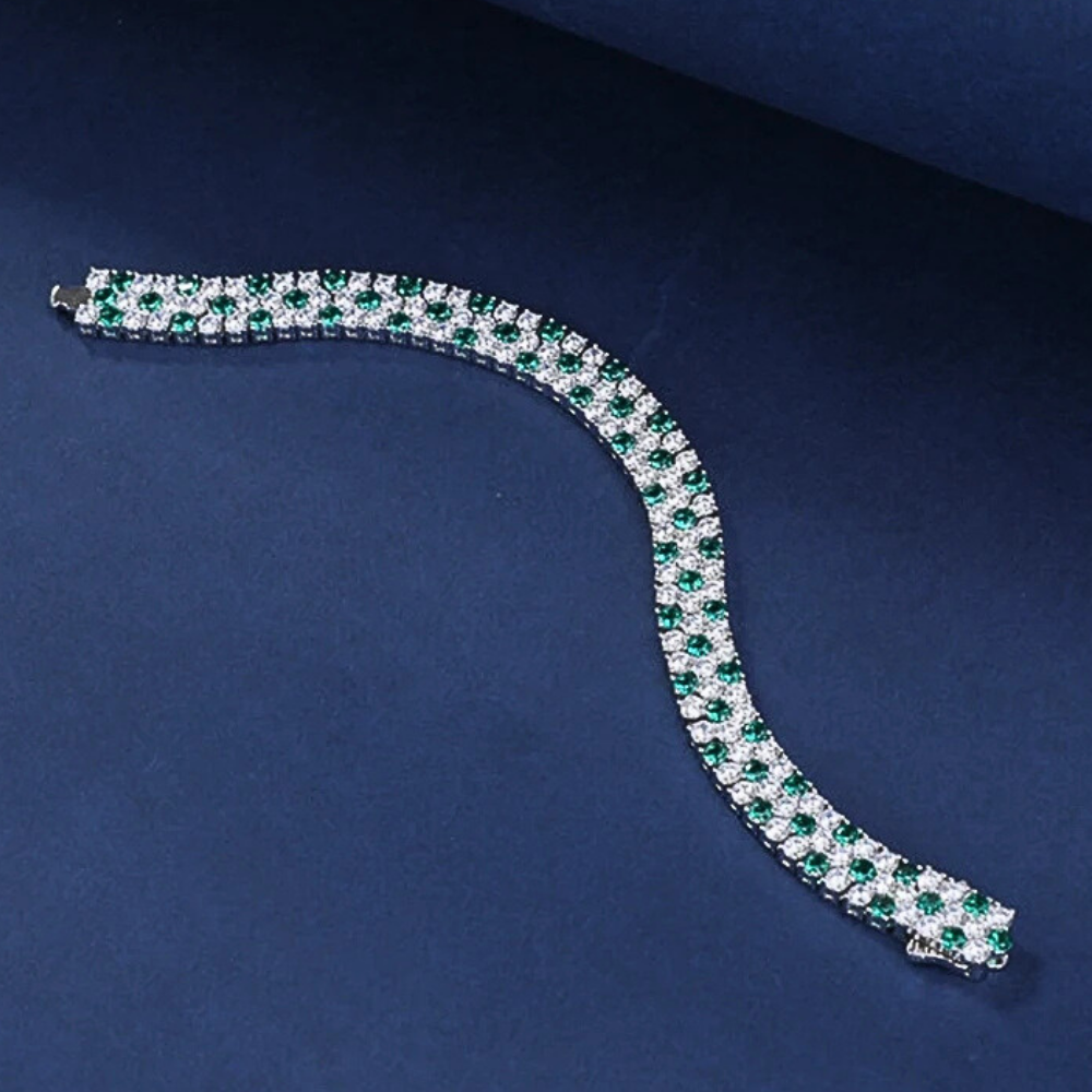 Bracciale Tennis a Tre File con Smeraldi Coltivati Taglio Brillante e Brillanti Sintetici