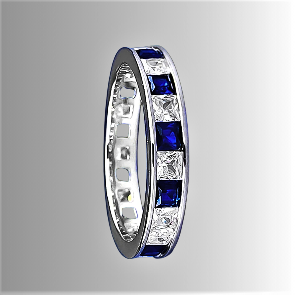 Fede Eternity a binario con Zaffiri e Diamanti Sintetici ad Alto Contenuto di Carbonio Taglio Princess