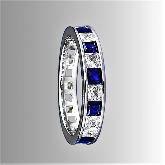 Fede Eternity a binario con Zaffiri e Diamanti Sintetici ad Alto Contenuto di Carbonio Taglio Princess