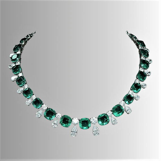 Collana con Smeraldi Taglio Cuscino e Diamanti Sintetici ad Alto Contenuto di Carbonio