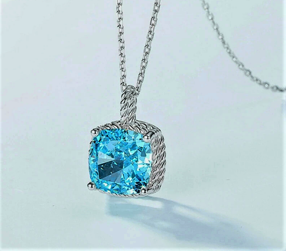 Collana con Acquamarina Taglio Cuscino Sintetica ad Alto contenuto di Carbonio