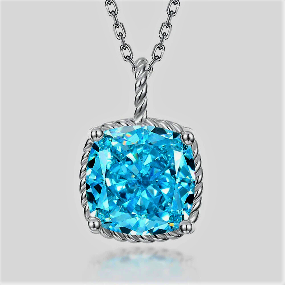 Collana con Acquamarina Taglio Cuscino Sintetica ad Alto contenuto di Carbonio