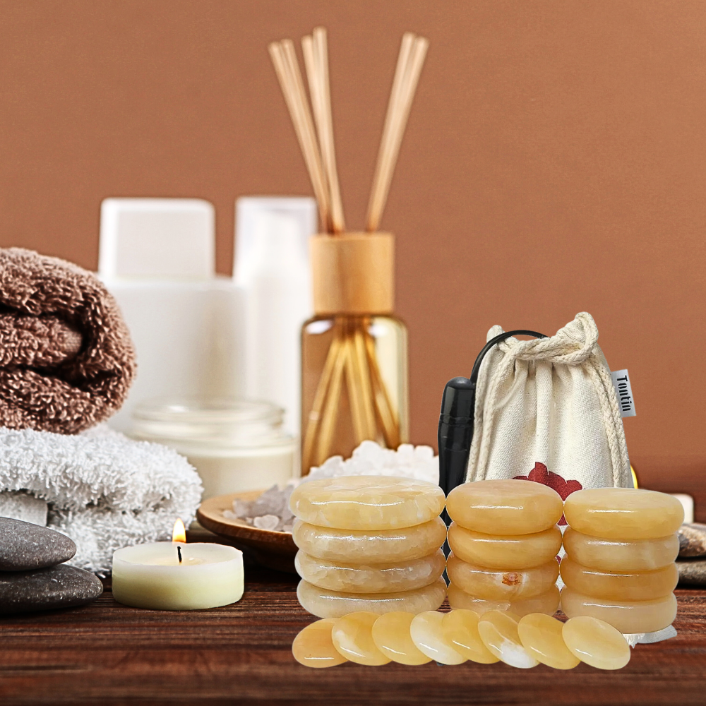 Set di 20 Pietre da Massaggio in Topazio Naturale con borsa riscaldante