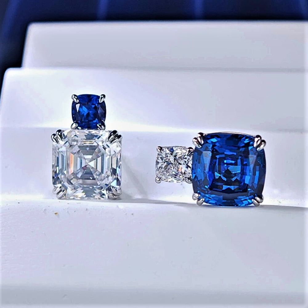Orecchini Asimmetrici con Zaffiri e Diamanti Coltivati