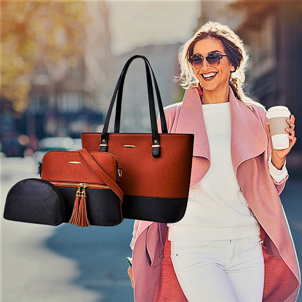 Conjunto de dos bolsos y un clutch: elegancia y funcionalidad 