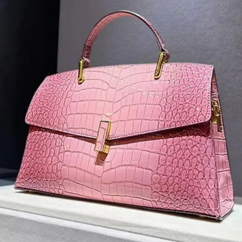 Borsa in Pelle di Vitellino a Doppio Strato con Lavorazione Coccodrillo