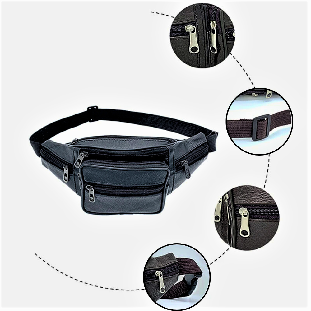 Marsupio a 6 Tasche in Vera Pelle di Vitellino