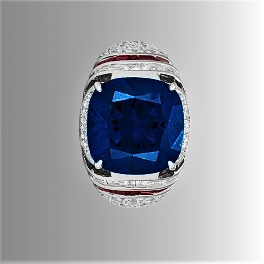 Fascione con Zaffiro Taglio Cuscino da ct 14 con Baguette Nere, Rosse e Brillanti D Color Lab Grown