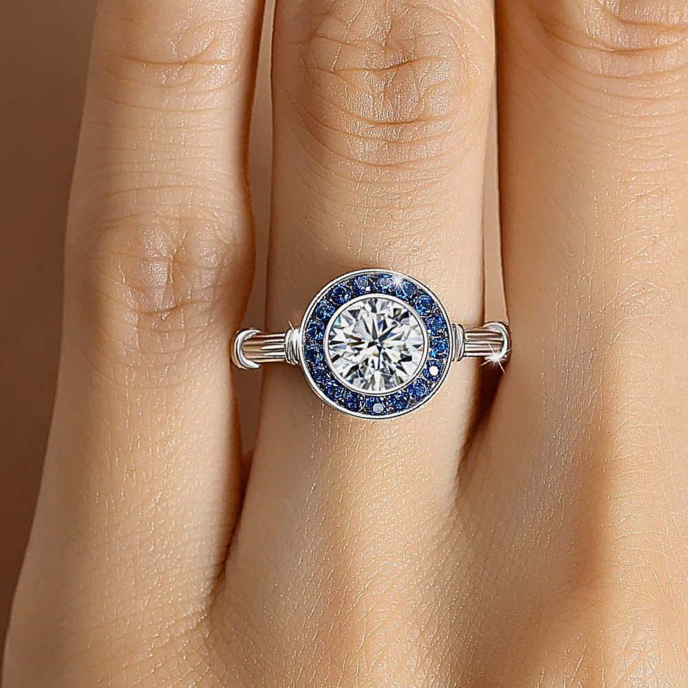 Fascetta con Moissanite per ct 1,00 e Gemme Blu Zaffiro