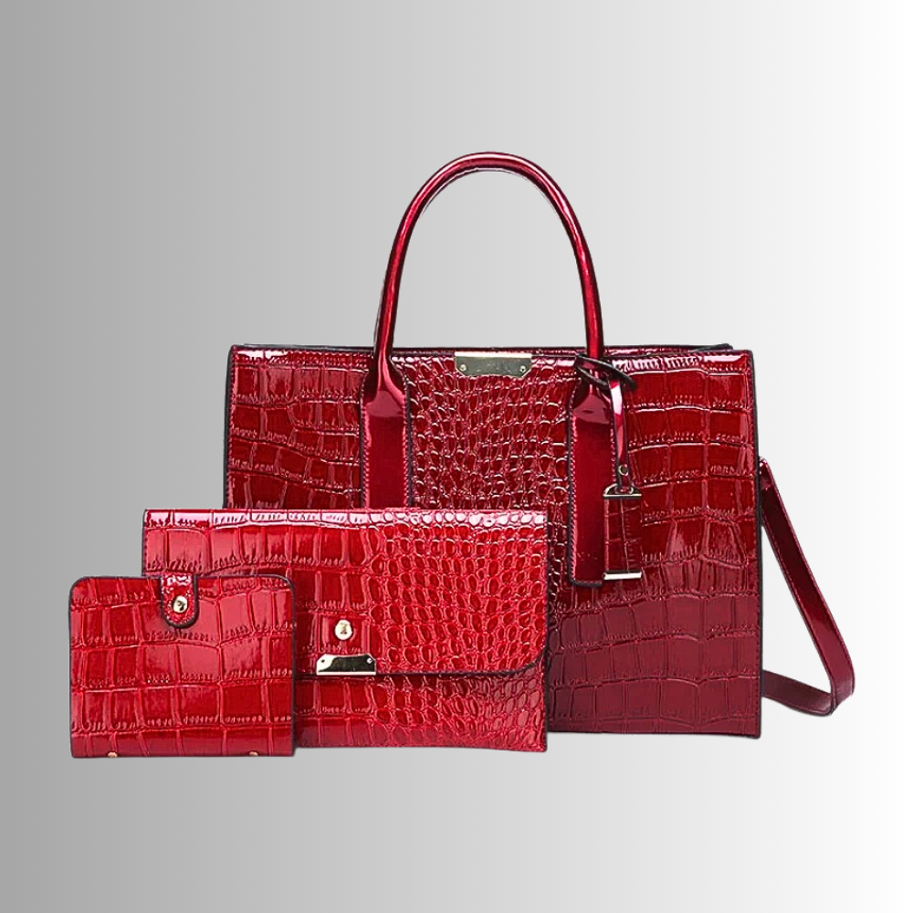 Set di Borsa, Pochette e Portachiavi in Fiore di Pelle di Vitellino