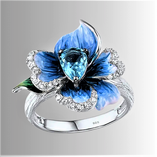 Anello Orchidea Blu con Acquamarina Sintetica e Smalto Dipinto a Mano