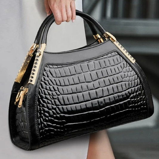 Borsa in Pelle di Vitellino Verniciata – Stile Croco e Dettagli Oro