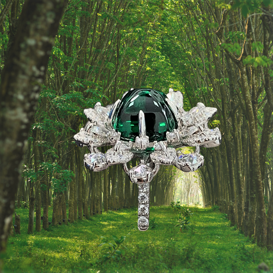 Fascia a Fiore  con Smeraldo Taglio Piramide Cabocon e Diamanti Sintetici ad Alto Contenuto di Carbonio