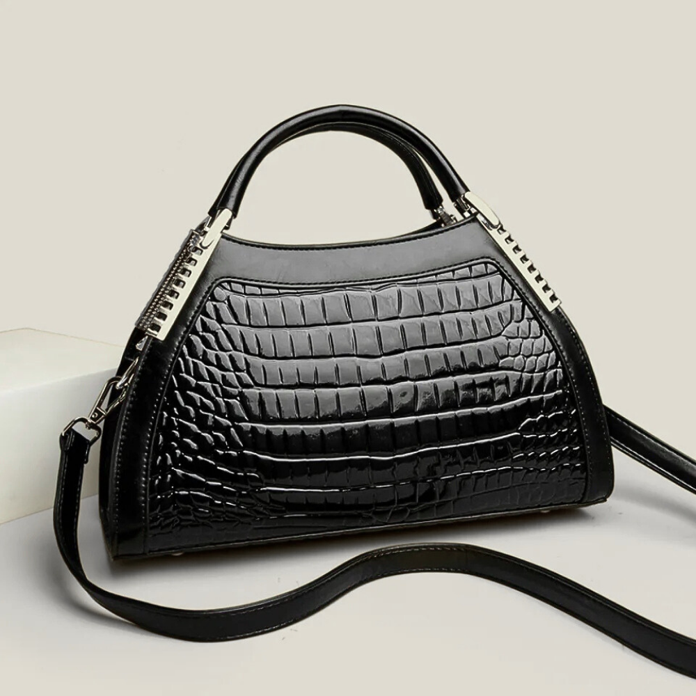 Borsa in Pelle di Vitellino Verniciata – Stile Croco e Dettagli Oro