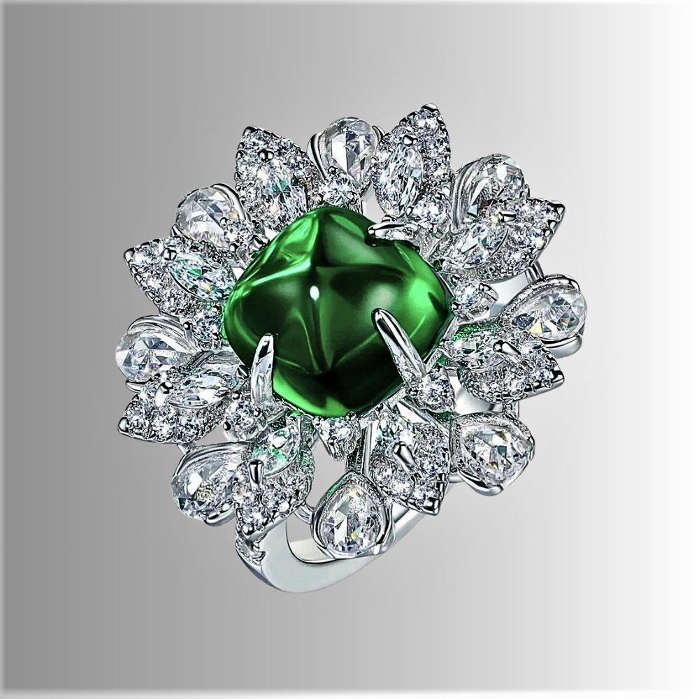 Fascia a Fiore  con Smeraldo Taglio Piramide Cabocon e Diamanti Sintetici ad Alto Contenuto di Carbonio
