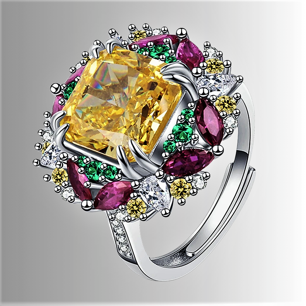 Anello con Citrino di ct 6.00 e Gemme Sintetiche ad Alto Contenuto di Carbonio