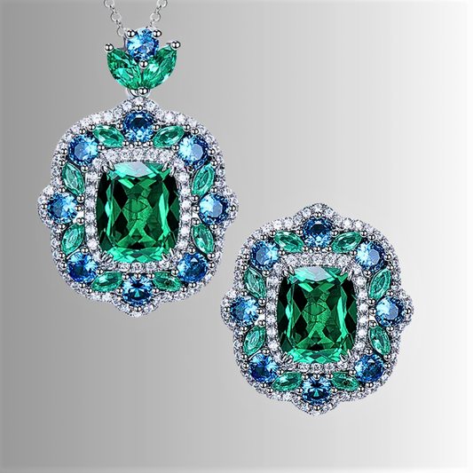 Parure Collana e Anello con Moissanite colore Smeraldo e Zaffiro