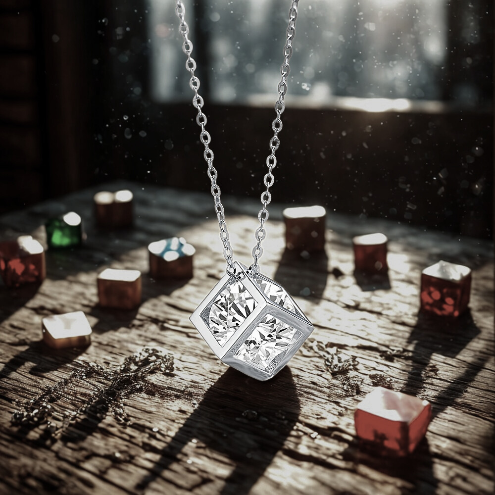Collana con Ciondolo a Cubo con Moissanite di ct 4,00