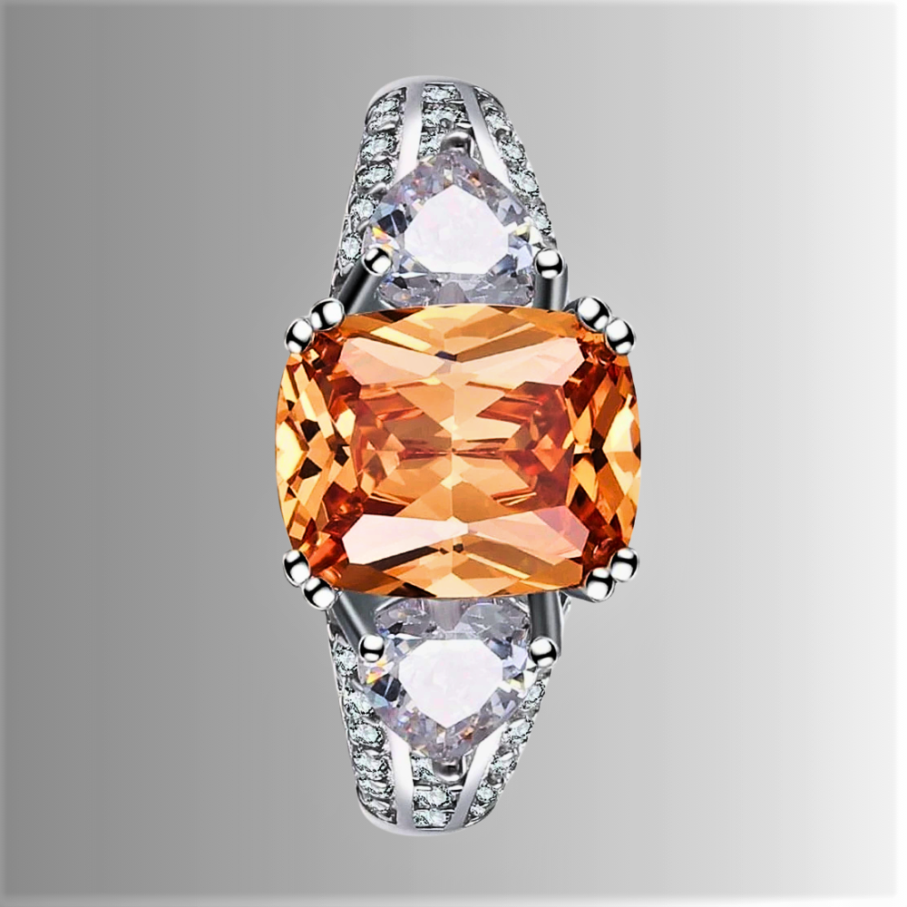 Anello con Zaffiro Champagne di ct 5,00 e Diamanti Sintetici ad Alto Contenuto di Carbonio