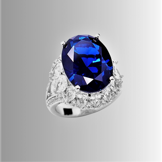 Fascione con Zaffiro Blu Coltivato Ovale e Diamanti Sintetici ad Alto Contenuto di Carbonio