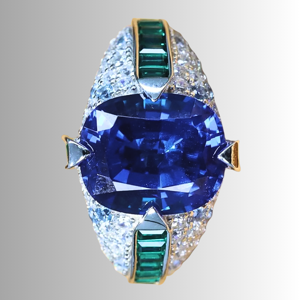 Anello con Zaffiro Ovale, Smeraldi Taglio Baguette e Brillanti Lab Grown