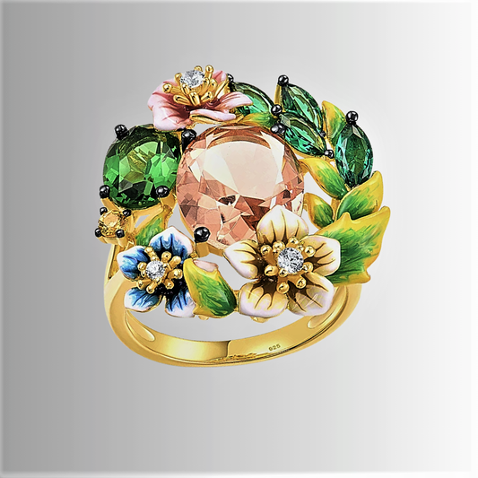 Anello con Smalti, Zaffiri Rosa e Smeraldi Sintetici ad Alto Contenuto di Carbonio