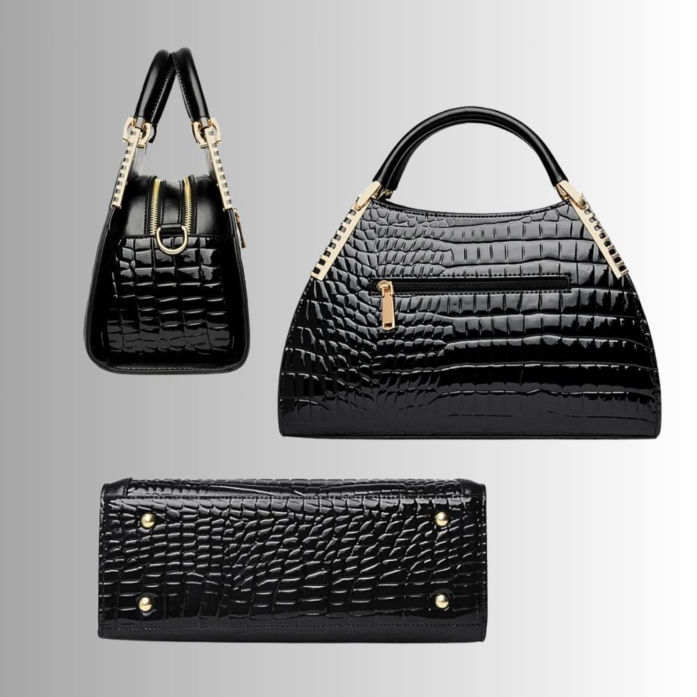 Borsa in Pelle di Vitellino Verniciata – Stile Croco e Dettagli Oro