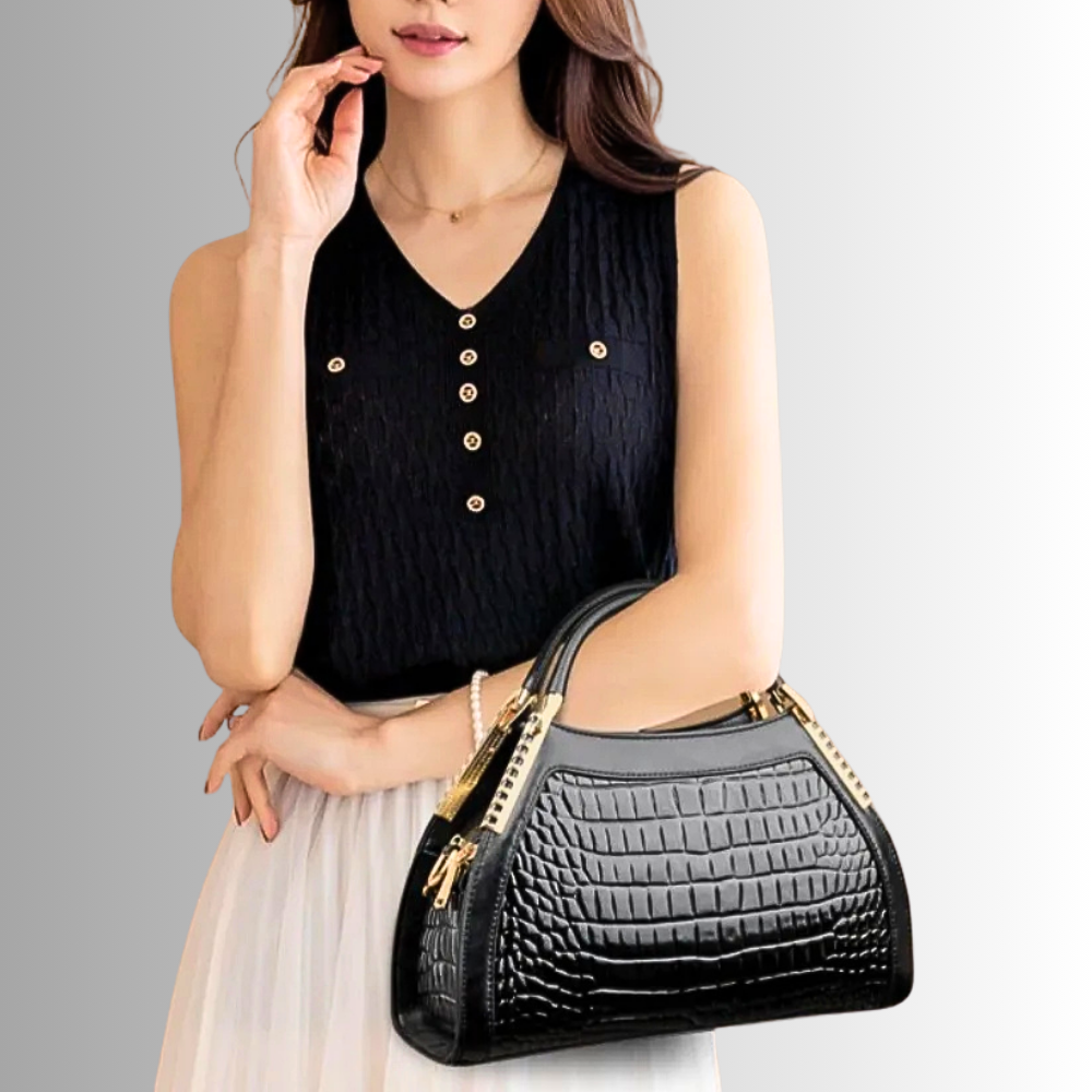 Borsa in Pelle di Vitellino Verniciata – Stile Croco e Dettagli Oro