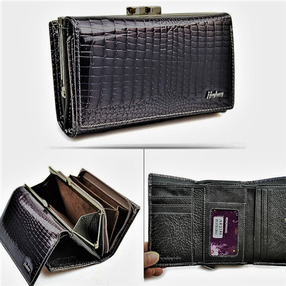 Cartera de piel de becerro auténtica con temática de cocodrilo