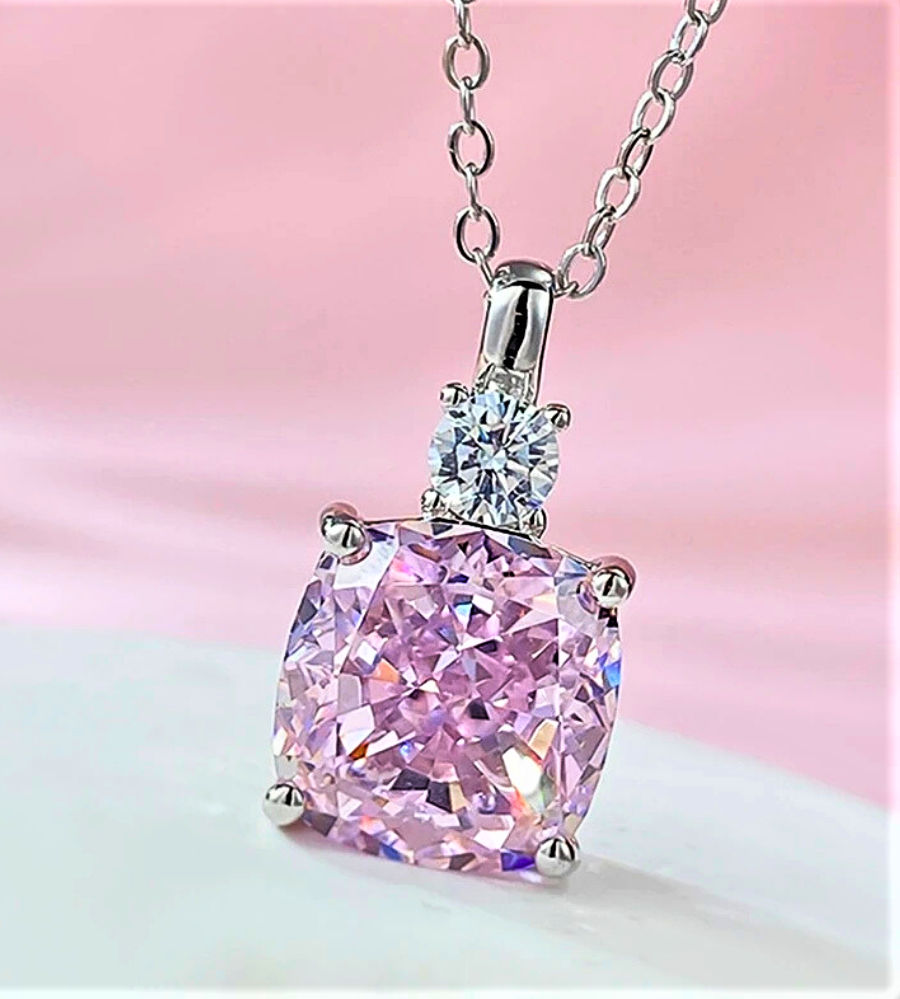 Collana con Ciondolo in Zaffiro Rosa Taglio Cuscino e Brillante Lab Grown