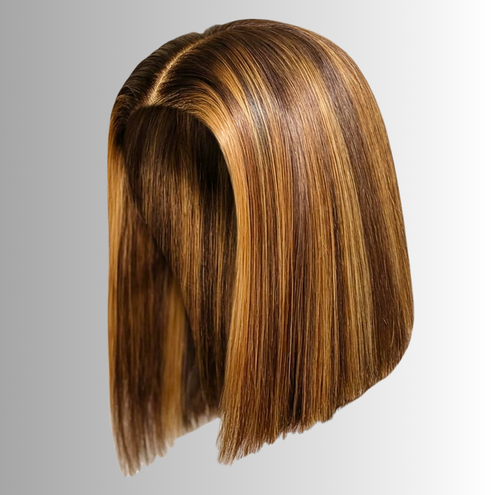 Parrucca con Capelli Veri Castani con Meches Caramello Dorato