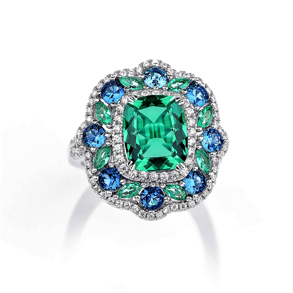 Parure Collana e Anello con Moissanite colore Smeraldo e Zaffiro