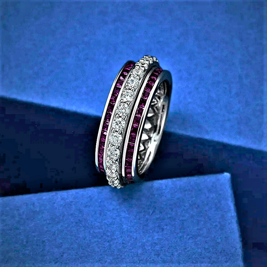 Fede Rotante con Moissanite Colore Rubino o Smeraldo Taglio Baguette e D color Taglio Brillante