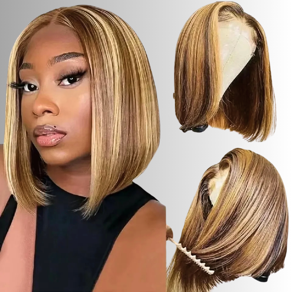 Parrucca con Capelli Veri Castani con Meches Caramello Dorato