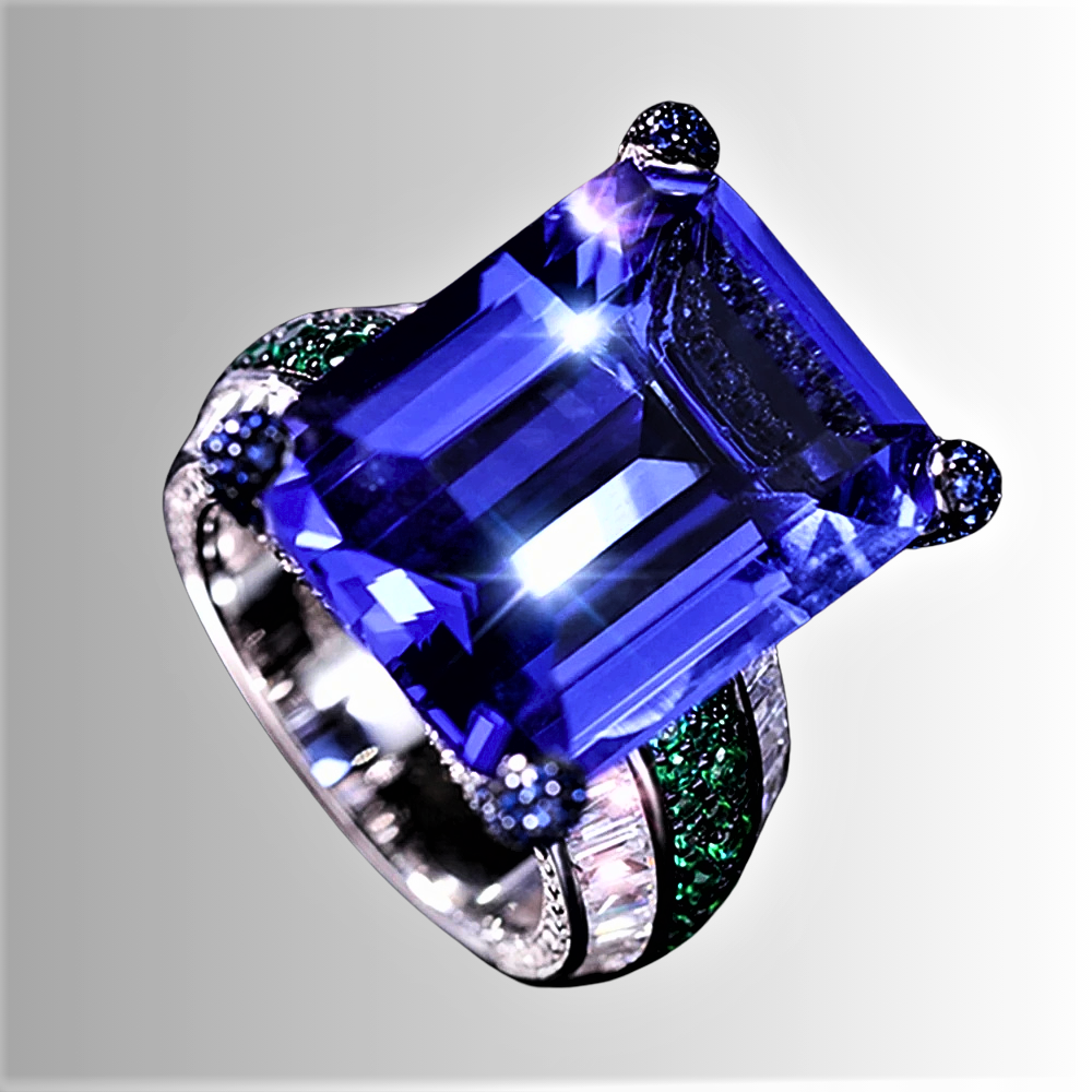 Fascione Fantasia con Moissanite Blu Certificata Taglio Smeraldo da 18 carati