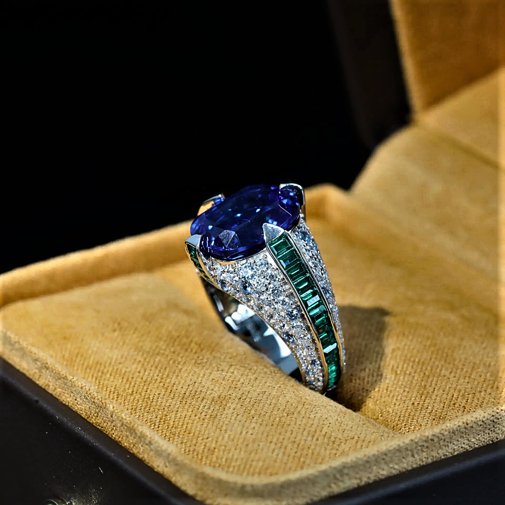 Anello con Zaffiro Ovale, Smeraldi Taglio Baguette e Brillanti Lab Grown
