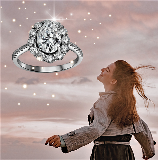 Anello a Fiore con Moissanite Ovale 3ct: Grazia, Luce e Fascino Infinito