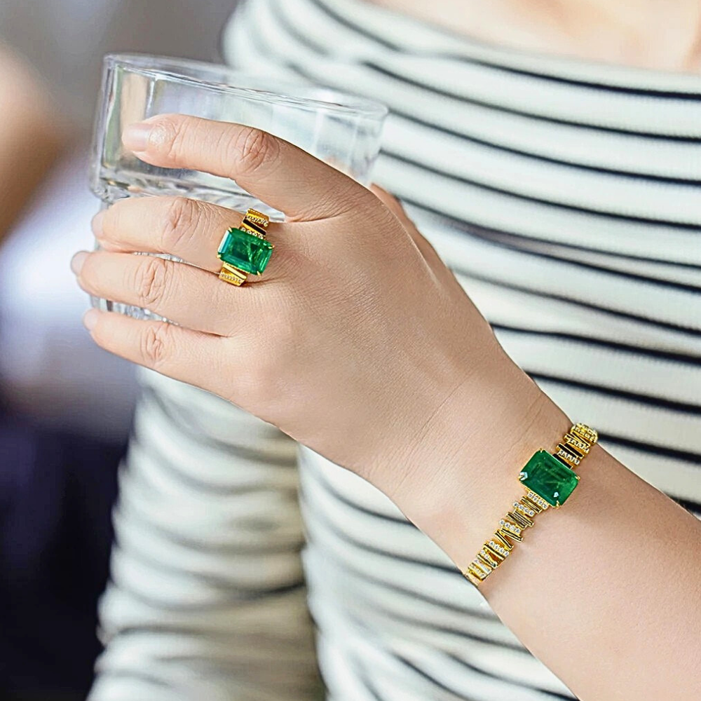 Bracciale con Smeraldo Coltivato Taglio Smeraldo da 9 ct e Brillanti Lab Grown