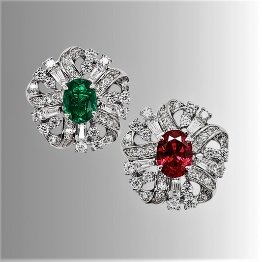 Orecchini a Fiore con Smeraldi o Rubini Coltivati Ovali e Diamanti Sintetici ad Alto Contenuto di Carbonio