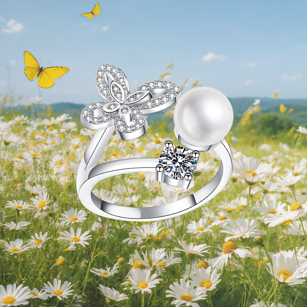 Anello a Farfalla con Moissanite e Perla