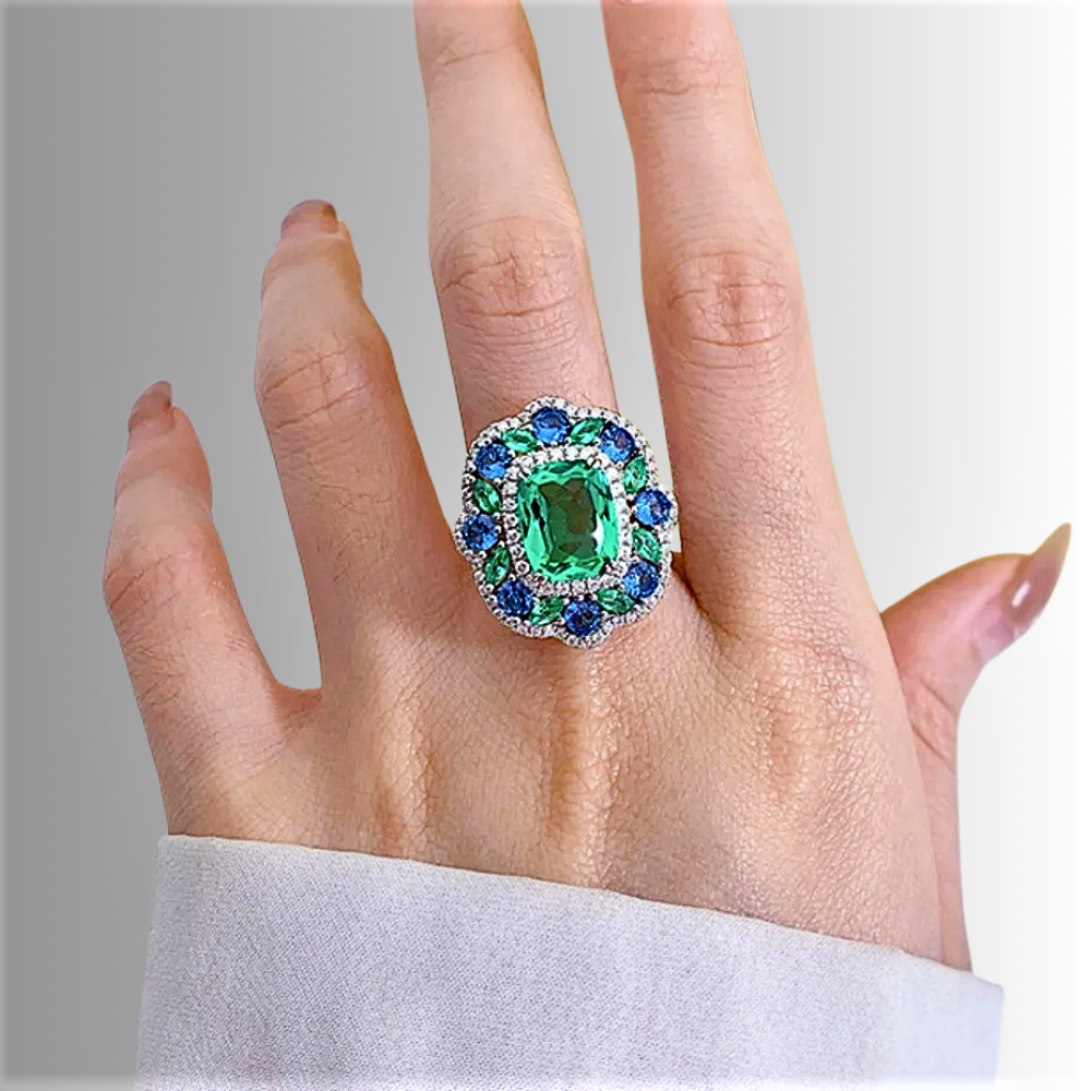 Parure Collana e Anello con Moissanite colore Smeraldo e Zaffiro