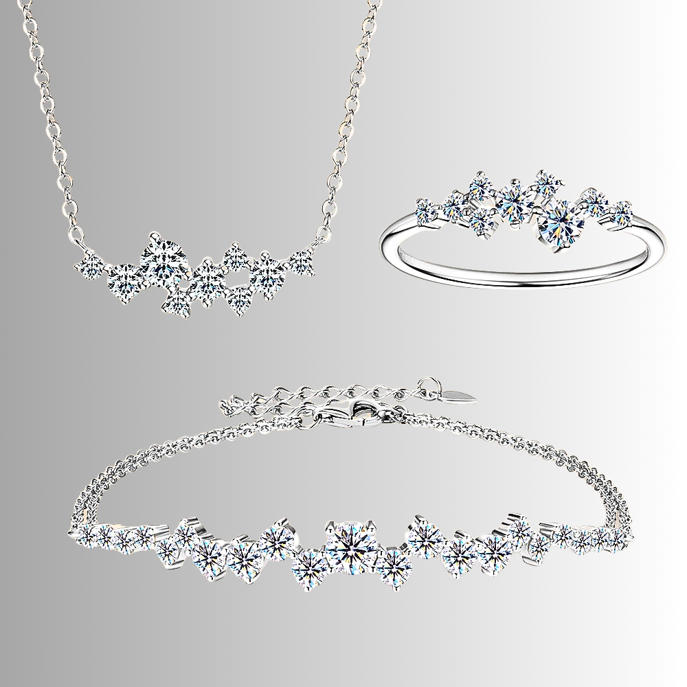 Parure Collana, Bracciale e Anello con Moissaniti Sfalsate