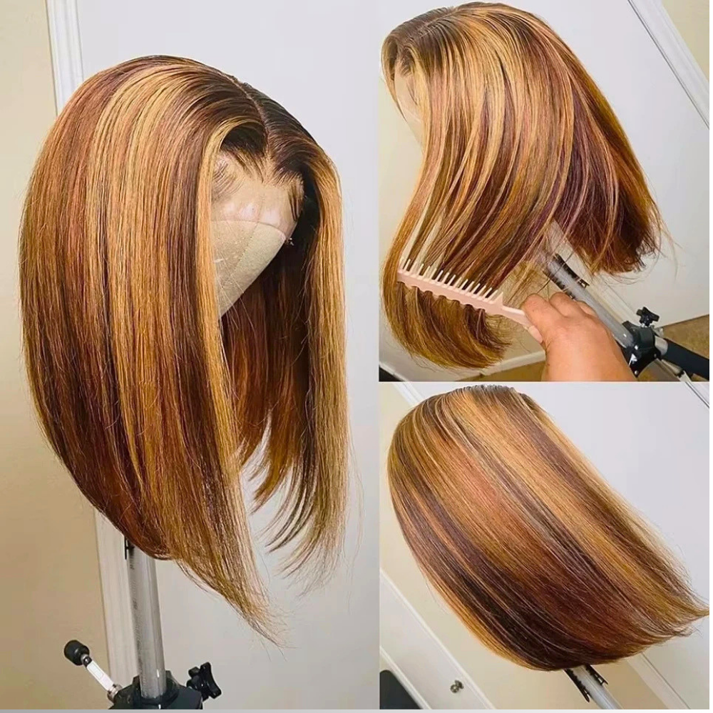 Parrucca con Capelli Veri Castani con Meches Caramello Dorato