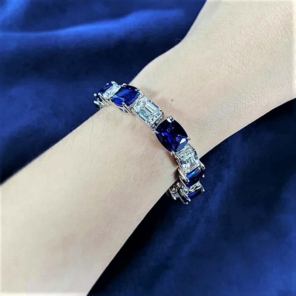 Bracciale con Zaffiri Coltivati Taglio Cuscino e Diamanti Taglio Smeraldo