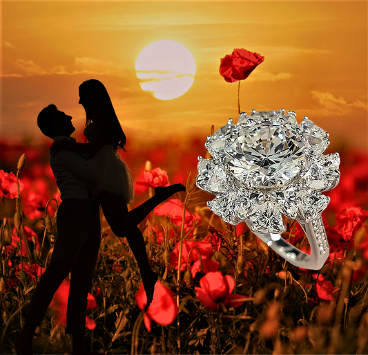 Anello "Fiore di Luce" con Moissanite da 5 ct circondata da Cuori: Un’Eclissi di Eleganza