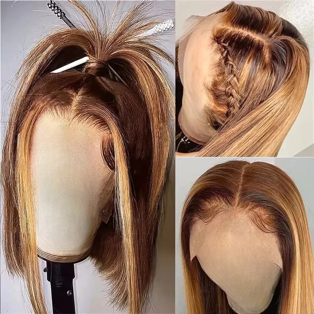 Parrucca con Capelli Veri Castani con Meches Caramello Dorato